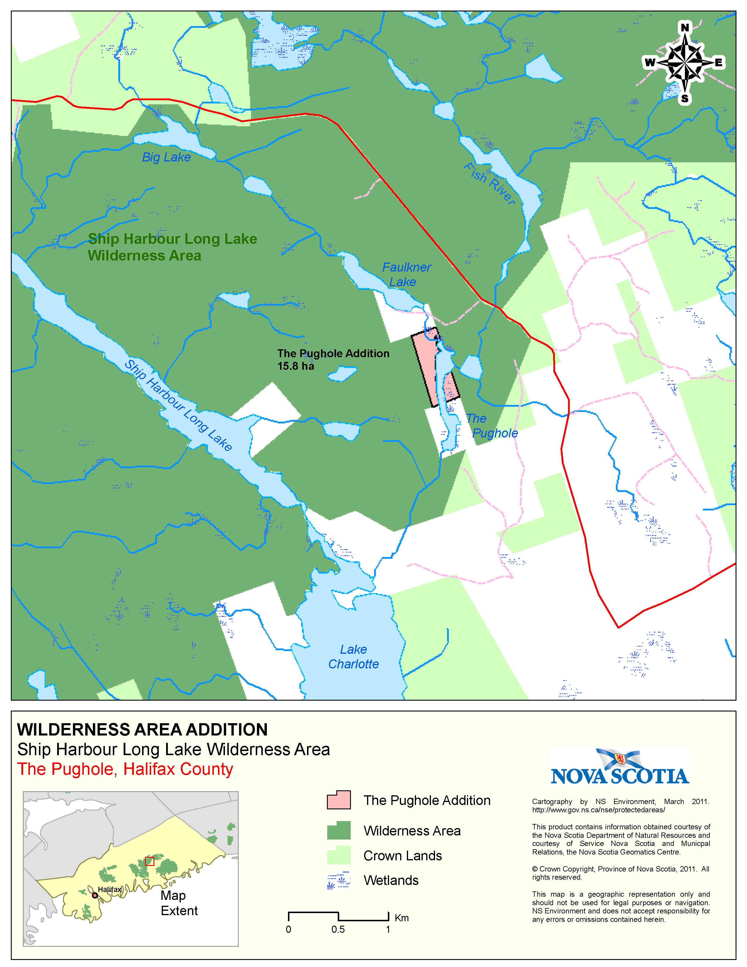Graphic showing map of Boundaries of Crown Land at The Pughole, Halifax County Addition to Ship Harbour Long Lake Wilderness Area
